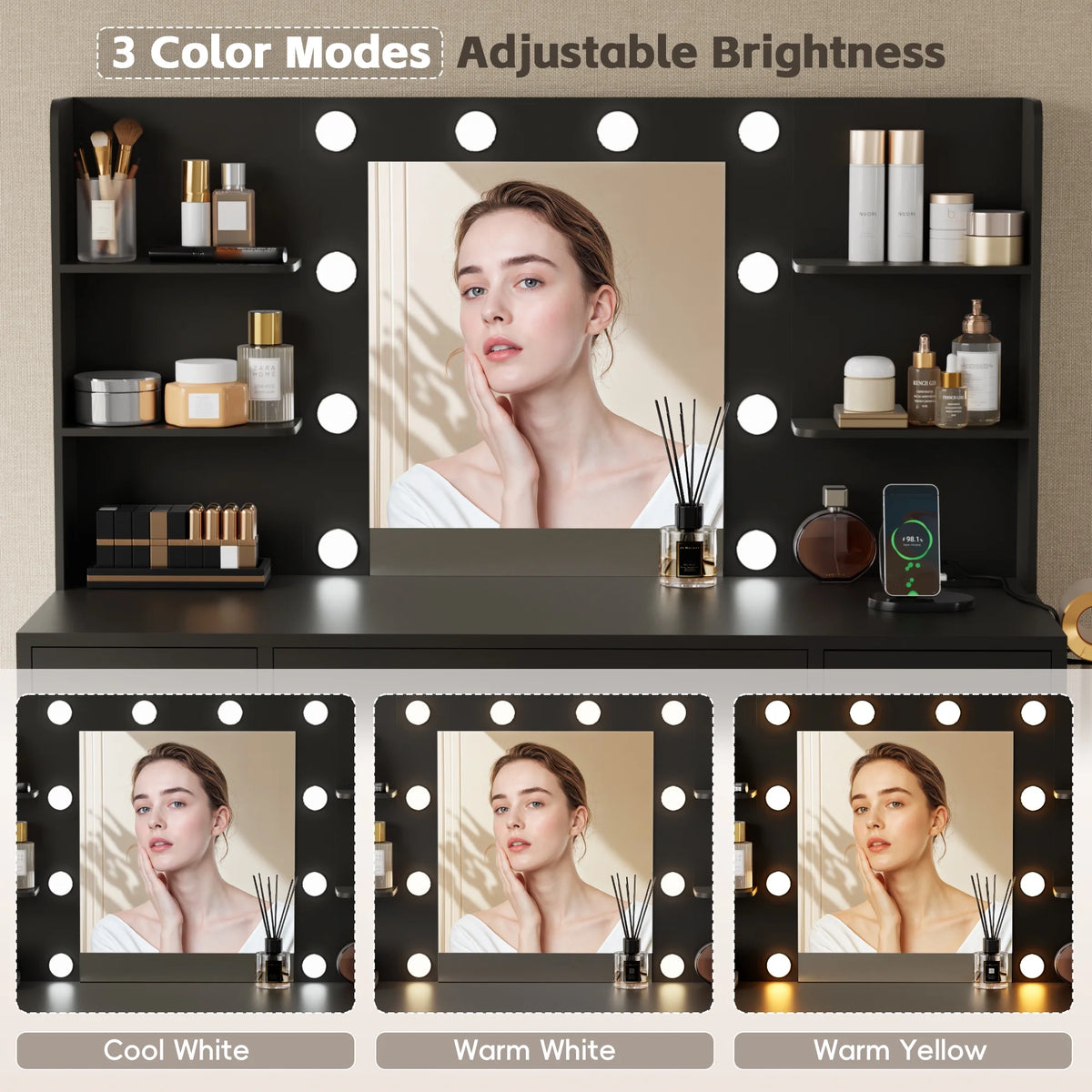Coiffeuse Lacoo avec miroir et éclairage LED, coiffeuse de maquillage avec 7 tiroirs et 4 étagères, table de toilette avec prise électrique pour chambre ou dressing, blanc