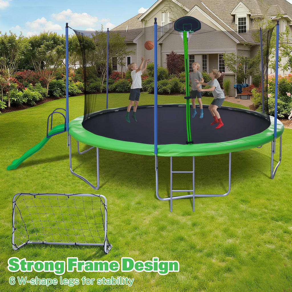 Trampoline de 12 pieds avec toboggan, balançoires, trampoline récréatif SEGMART avec panier de basket et échelle, trampoline d’extérieur robuste pour jardin avec filet pour enfants et adultes, vert