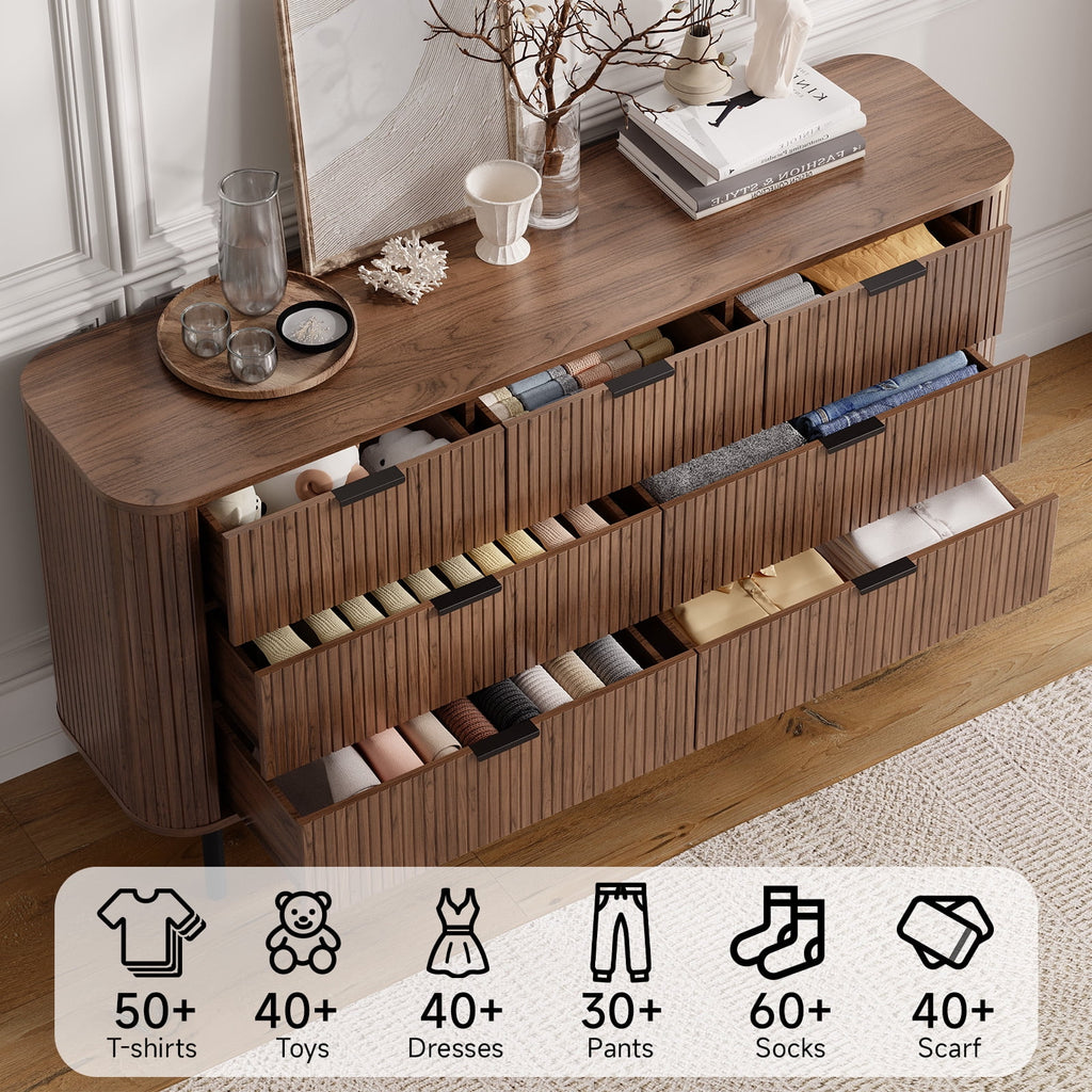 Commode cannelée à 7 tiroirs pour chambre, largeur 60 pouces, moderne, en bois, avec poignées en métal, design aux lignes courbes – Idéale également comme meuble TV pour salon ou couloir, noir