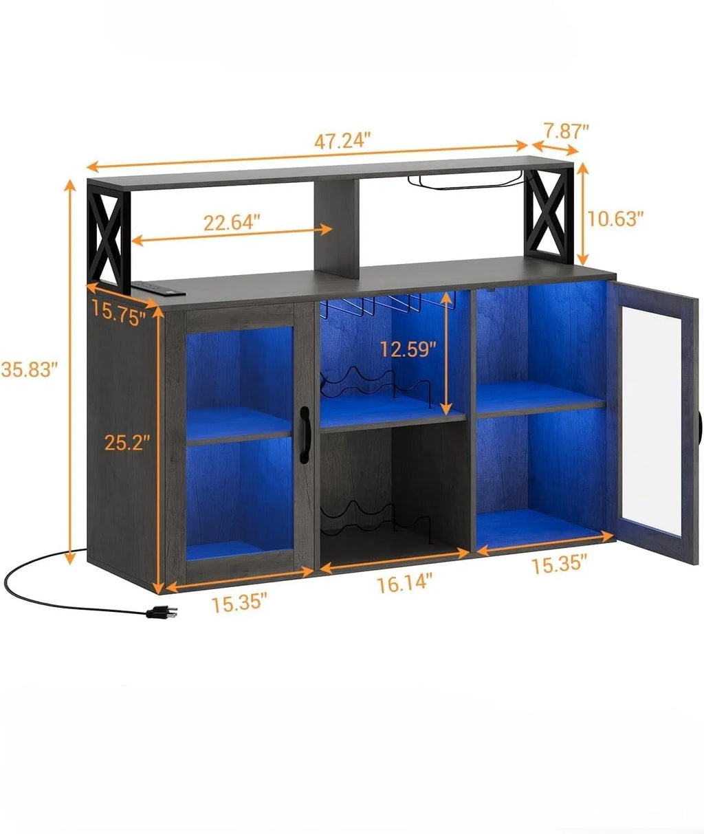 Meuble bar avec étagères de rangement, meuble bar à café avec éclairage LED, meuble à spiritueux avec casier à vin et porte-gobelets, buffet de cuisine pour la maison, la cuisine et la salle à manger