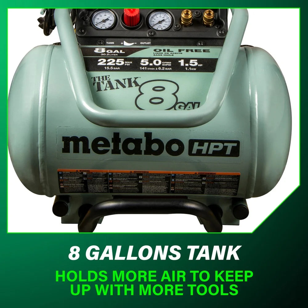 Compresseur d’air Metabo HPT, THE TANK, compresseur d’air sur chariot de 8 gallons, 225 PSI, polyvalent pour les cloueuses de charpente, de bardage, de finition ou de toiture, mobilité facile grâce aux pneus en caoutchouc, EC1315S