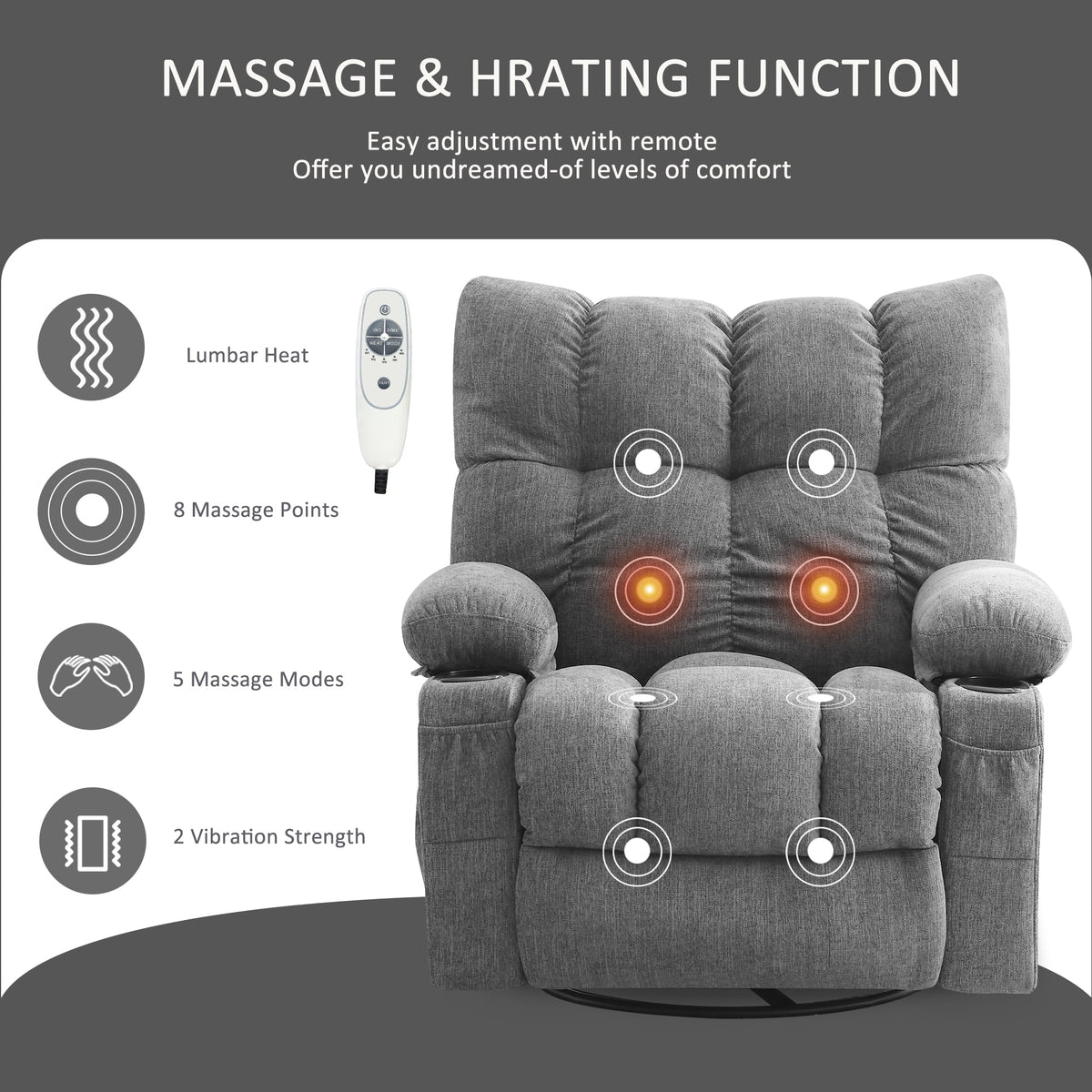 Fauteuil inclinable manuel JONPONY avec fonction de massage et de chauffage, mécanisme d’inclinaison robuste, fauteuil à bascule individuel pour personnes âgées avec porte-gobelets, pour chambre et salle de cinéma maison, gris