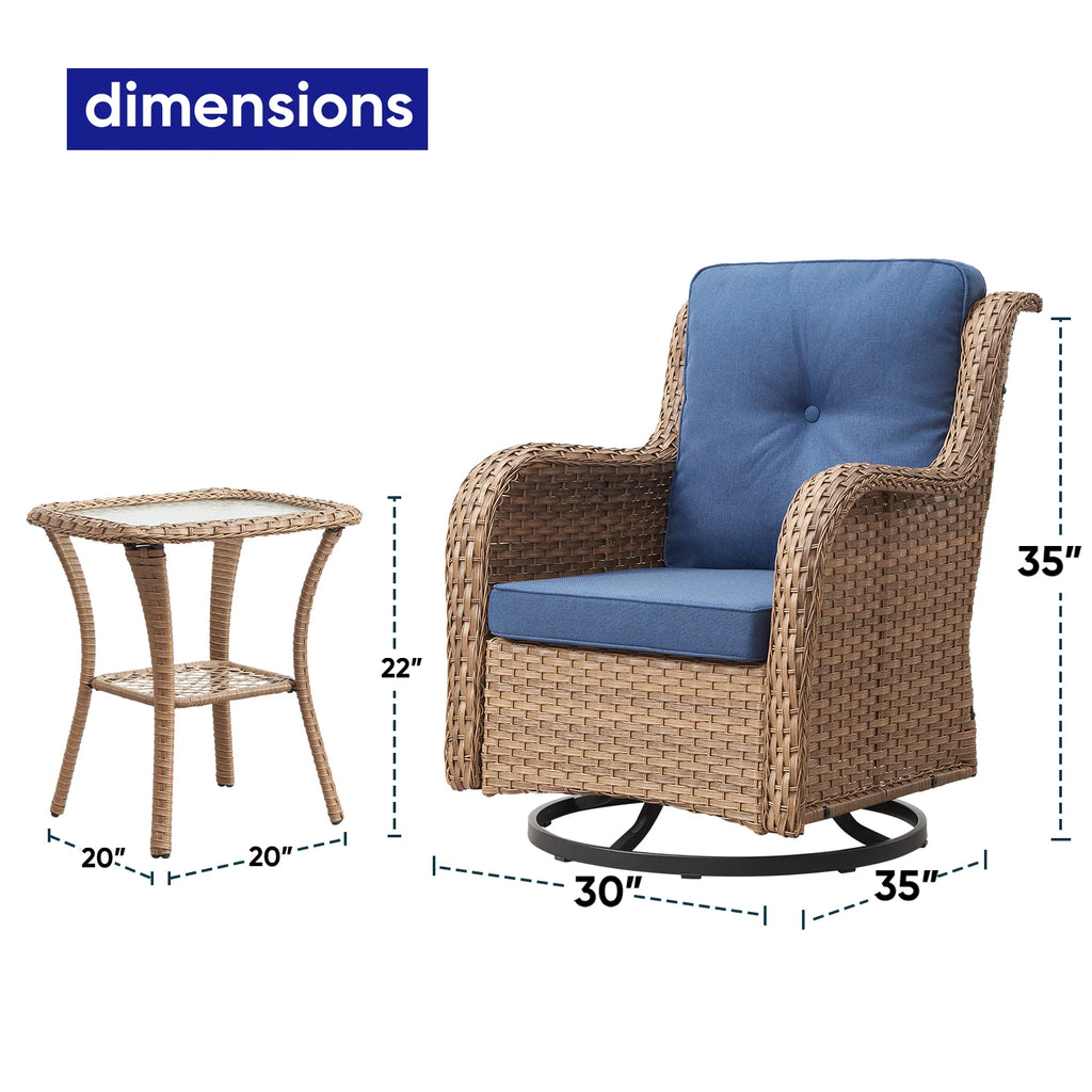 POCASSY Salon de Jardin 3 Pièces en Rotin Tressé Fauteuils Berçants et Pivotants avec Coussins