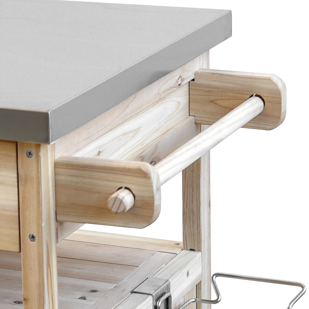 Îlot de cuisine d'extérieur en bois massif avec abattant, table pour barbecue avec plateau en acier inoxydable, chariot de bar d'extérieur et meuble de rangement avec roulettes verrouillables, tiroir, porte-épices, gris-bleu