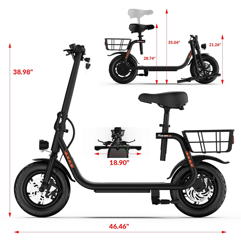 Trottinette électrique 5TH WHEEL W18S 450W pour adultes avec siège et panier de transport, 36V, 20 miles d'autonomie et 15,5 mi/h, trottinette pliable 12 pour les trajets quotidiens