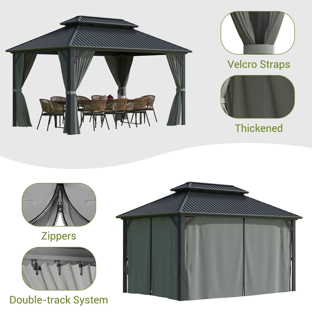 MUCHANT 10'x12' Gazebo à toit rigide avec structure en aluminium, Pavillon d'extérieur permanent Gazebo en métal avec double toit en acier galvanisé, Moustiquaire et Rideaux pour terrasses, jardins, pelouses, Gris