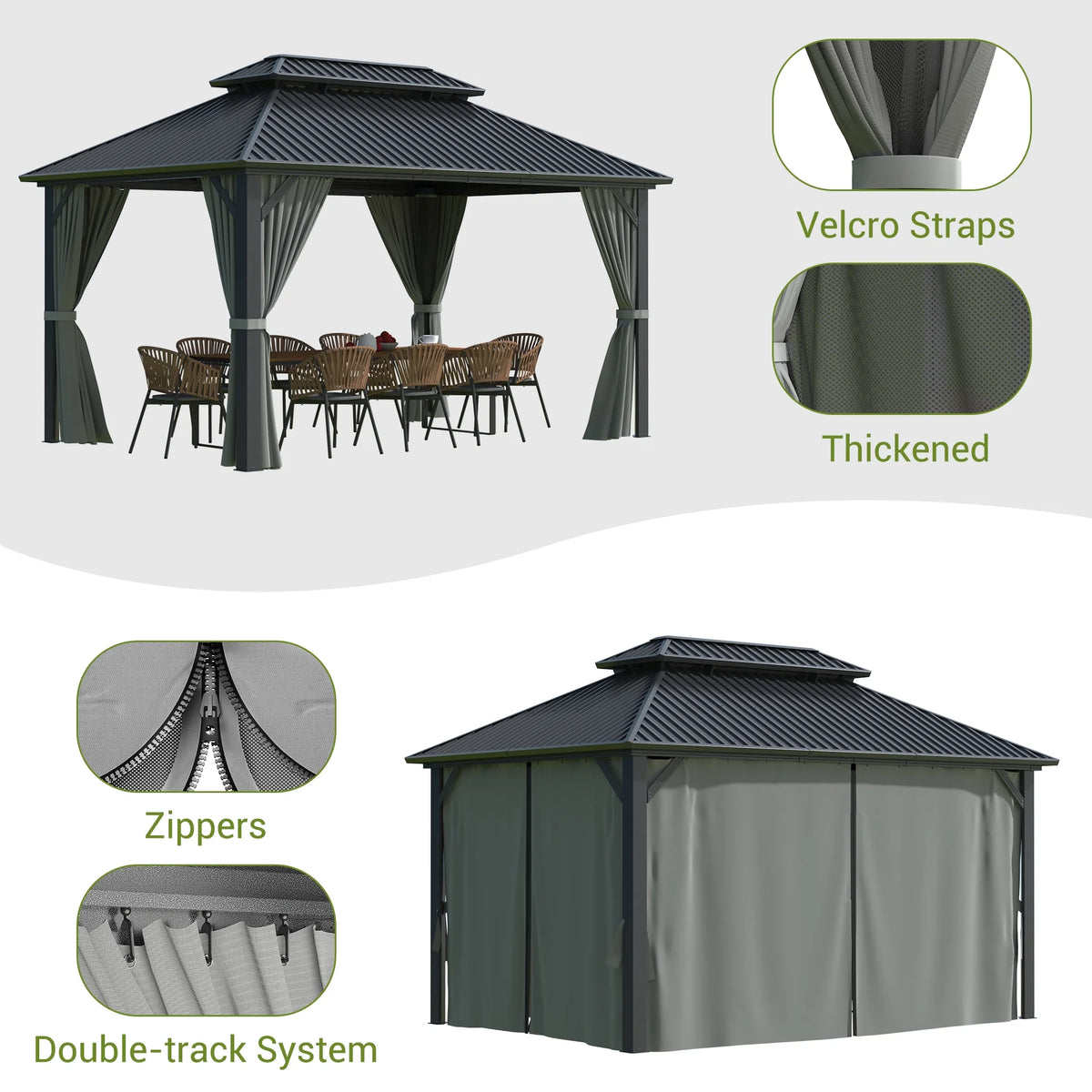 MUCHANT 10'x12' Gazebo à toit rigide avec structure en aluminium, Pavillon d'extérieur permanent Gazebo en métal avec double toit en acier galvanisé, Moustiquaire et Rideaux pour terrasses, jardins, pelouses, Gris