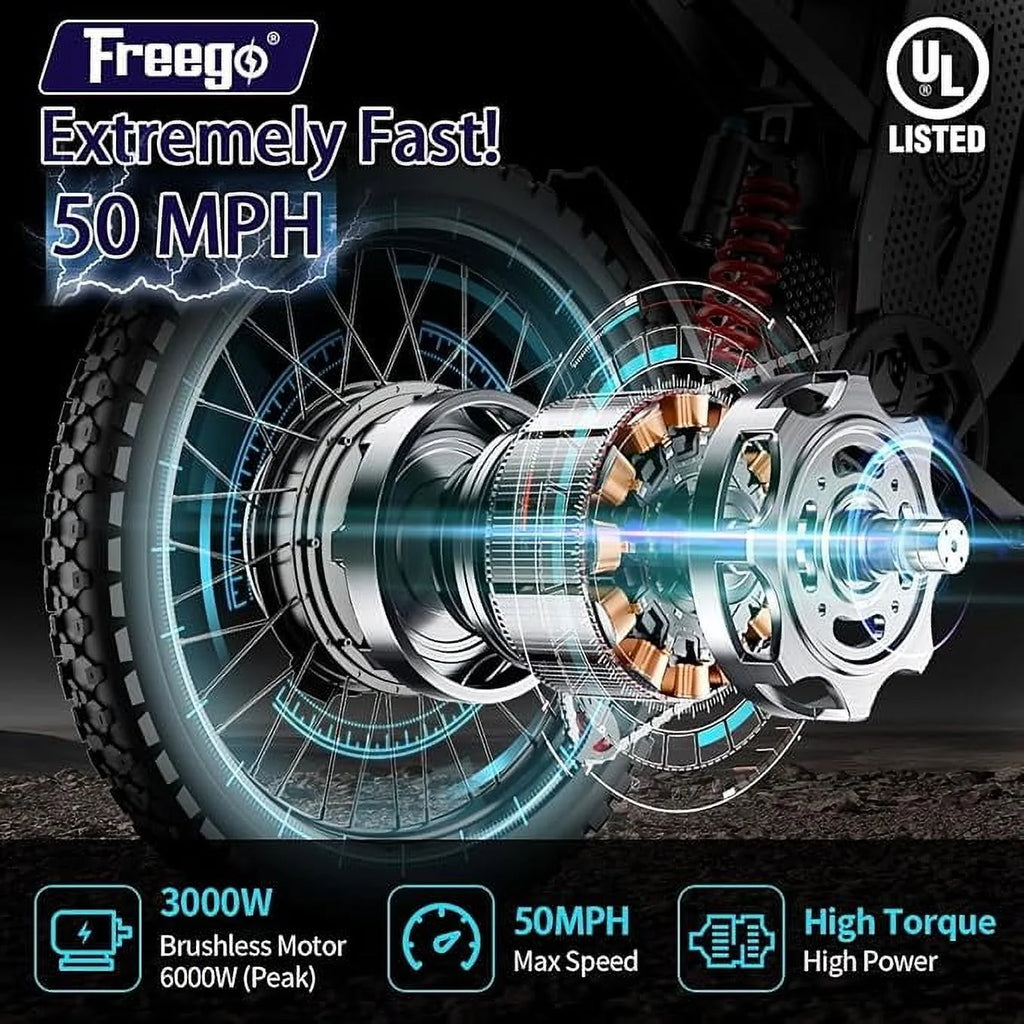 Moto électrique Freego X2Pro pour adultes avec moteur de 6 000 W (crête), batterie 60 V/30 Ah, vélo électrique tout-terrain de 80 km/h à 7 vitesses, suspension intégrale 19x2, frein hydraulique à quatre pistons, UL2849MTB