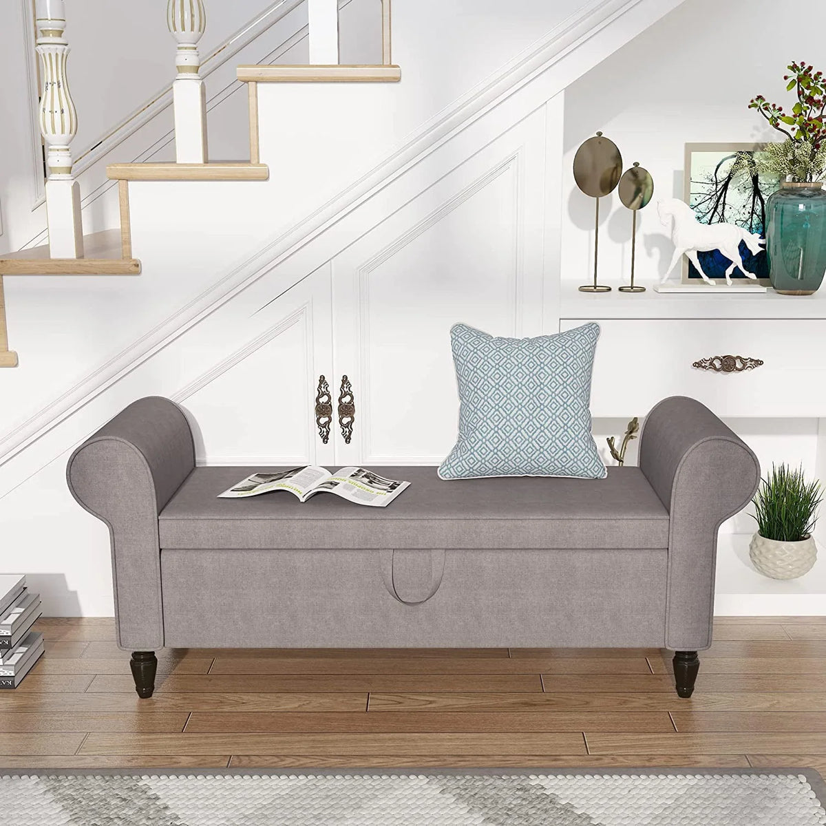 Banc coffre Andeworld avec accoudoirs, causeuse rembourrée pour chambre ou salon, gris