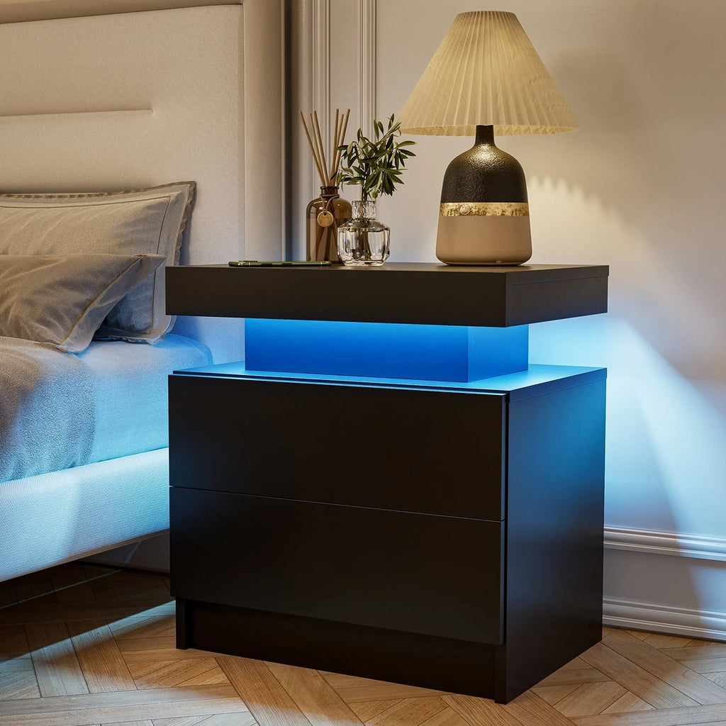 Lot de 2 tables de chevet LED, table de nuit moderne avec espace de rangement à 2 tiroirs, éclairage LED à couleurs réglables, noir