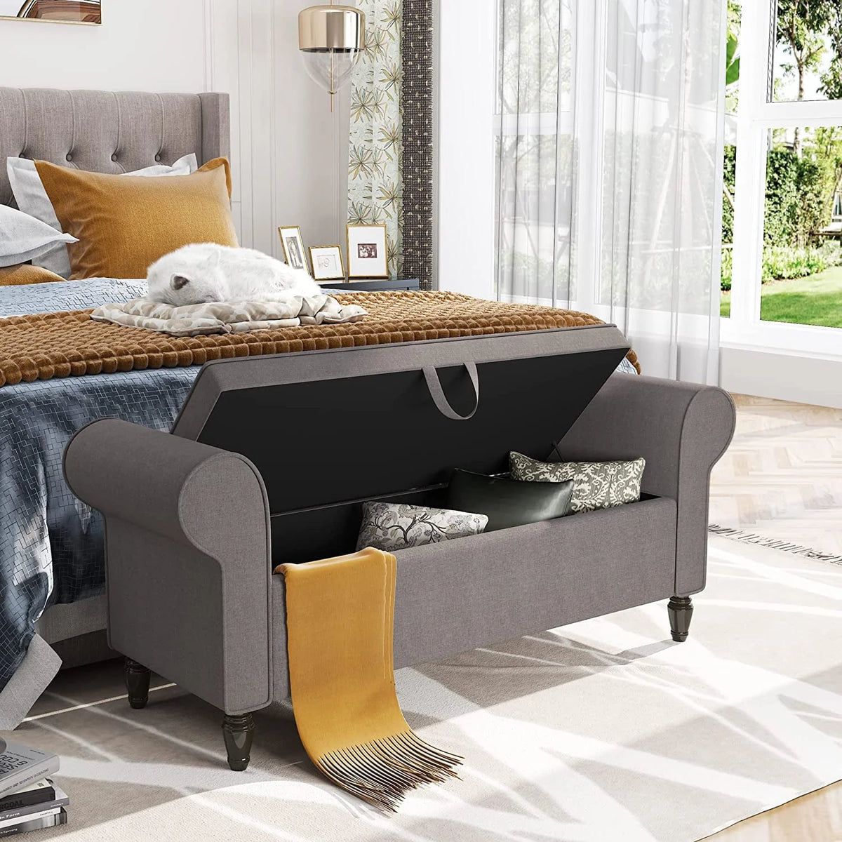 Banc coffre Andeworld avec accoudoirs, causeuse rembourrée pour chambre ou salon, gris