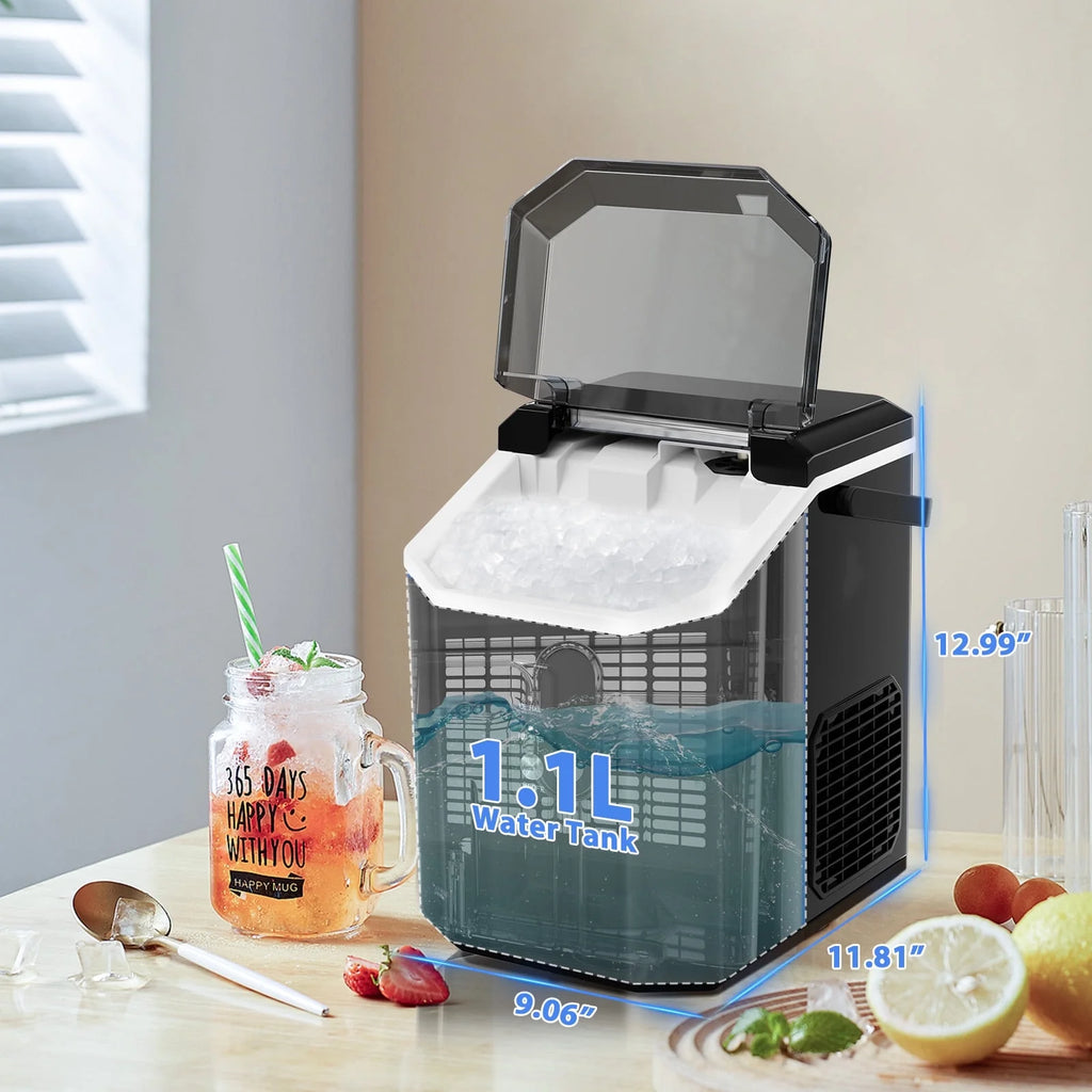 Machine à glaçons Auseo SS Nugget de comptoir avec glaçons tendres à mâcher, 35 lbs/24 h, autonettoyante, pelle à glaçons, acier inoxydable argenté, pour cuisine/bureau/fête