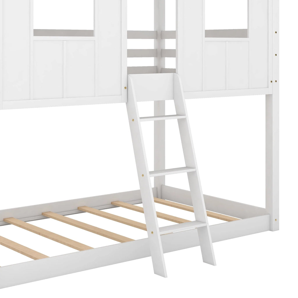 Lit superposé bas Euroco avec deux lits simples, toit et barrière de sécurité pour chambre d’enfant, blanc