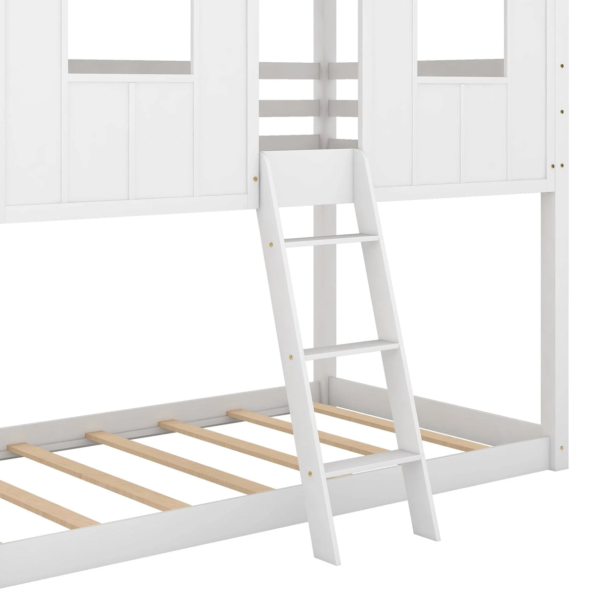 Lit superposé bas Euroco avec deux lits simples, toit et barrière de sécurité pour chambre d’enfant, blanc