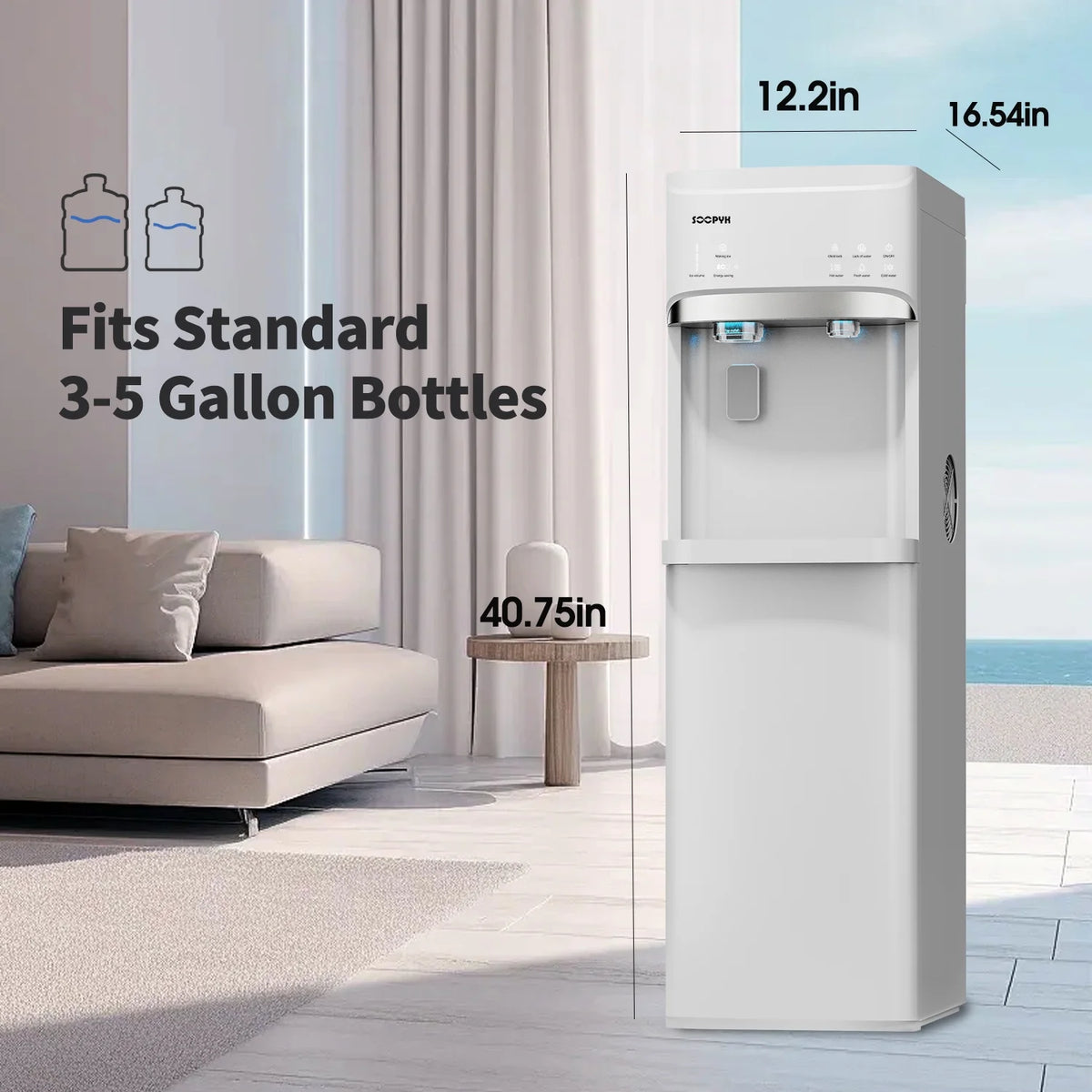 SOOPYK Distributeur d’eau chaude et froide 3-en-1 avec machine à glaçons à chargement inférieur pour bonbonne de 3 ou 5 gallons, capacité quotidienne de 22 lb, glaçons en forme de balle, noir