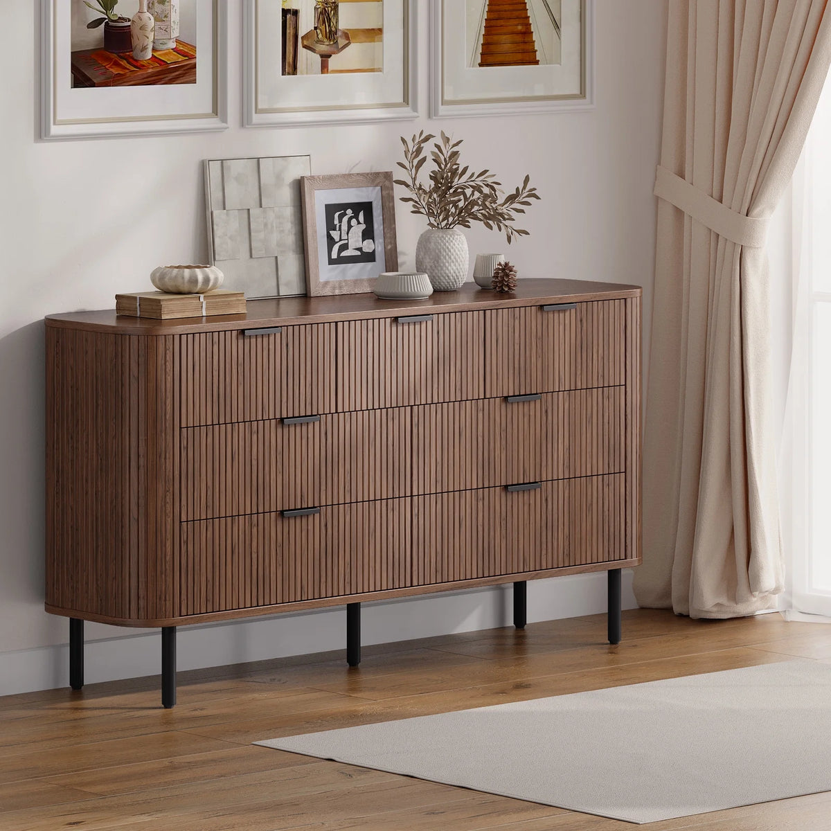 Commode cannelée à 7 tiroirs pour chambre, largeur 60 pouces, moderne, en bois, avec poignées en métal, design aux lignes courbes – Idéale également comme meuble TV pour salon ou couloir, noir