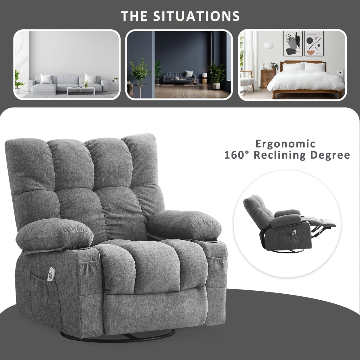 Fauteuil inclinable manuel JONPONY avec fonction de massage et de chauffage, mécanisme d’inclinaison robuste, fauteuil à bascule individuel pour personnes âgées avec porte-gobelets, pour chambre et salle de cinéma maison, gris