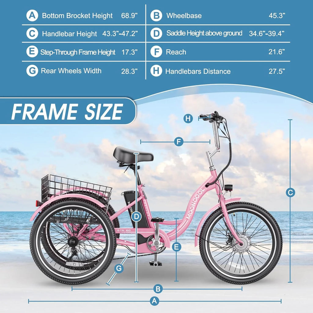 Tricycles électriques ABORON 24 26, batterie au lithium 36 V 10 Ah 350 W, triporteur électrique 7 vitesses pour adultes avec grand panier arrière et siège réglable