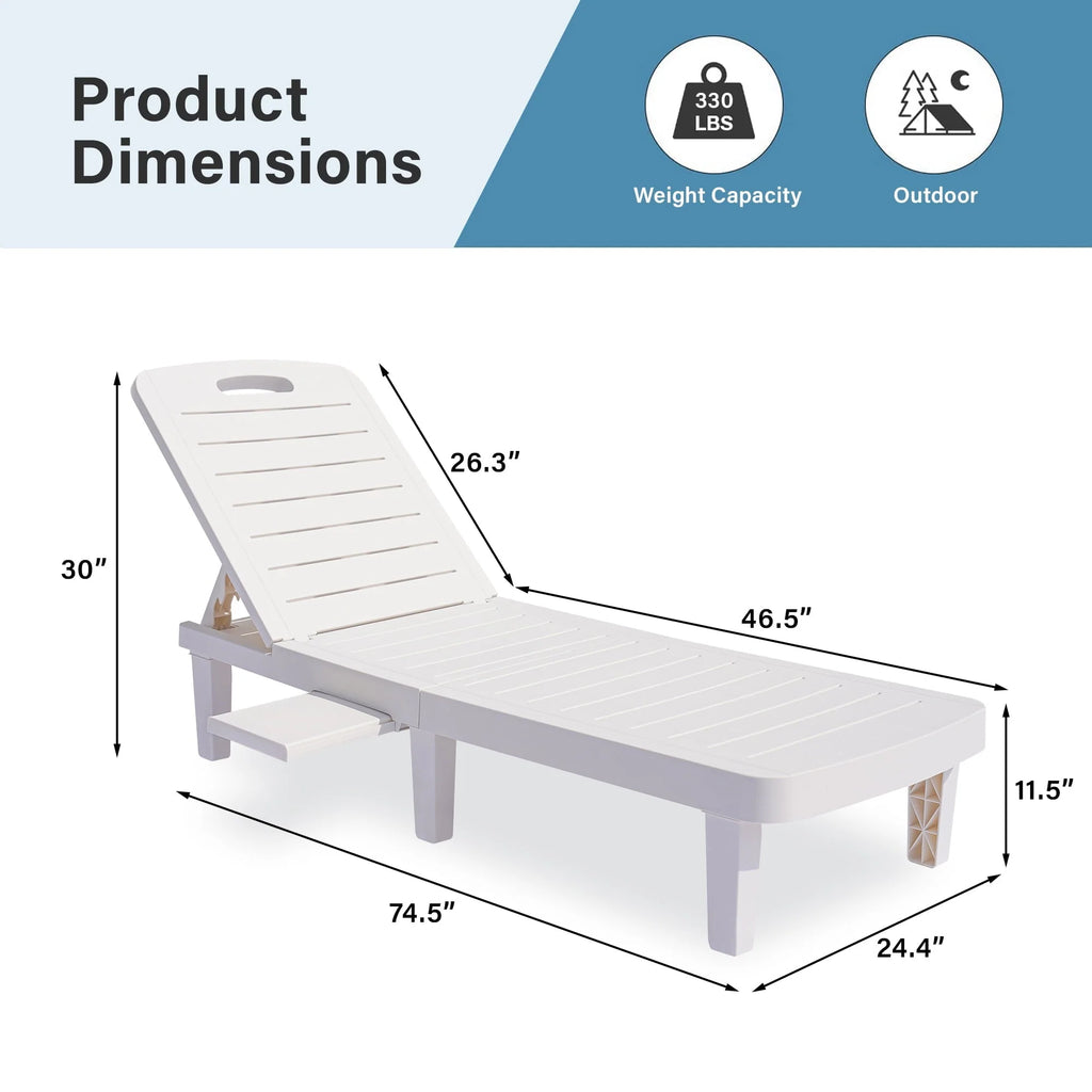 Lot de 2 fauteuils de jardin, chaise longue réglable avec table d’appoint, fauteuil inclinable d’extérieur pour bord de piscine, terrasse et jardin, design effet bois | Imperméable | Facile à monter | Poids max. 330 lb Blanc
