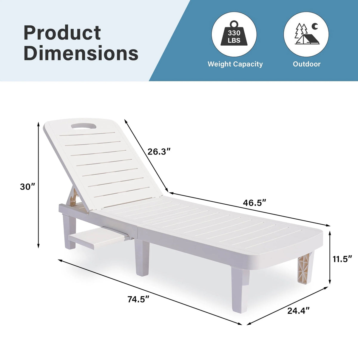 Lot de 2 fauteuils de jardin, chaise longue réglable avec table d’appoint, fauteuil inclinable d’extérieur pour bord de piscine, terrasse et jardin, design effet bois | Imperméable | Facile à monter | Poids max. 330 lb Blanc