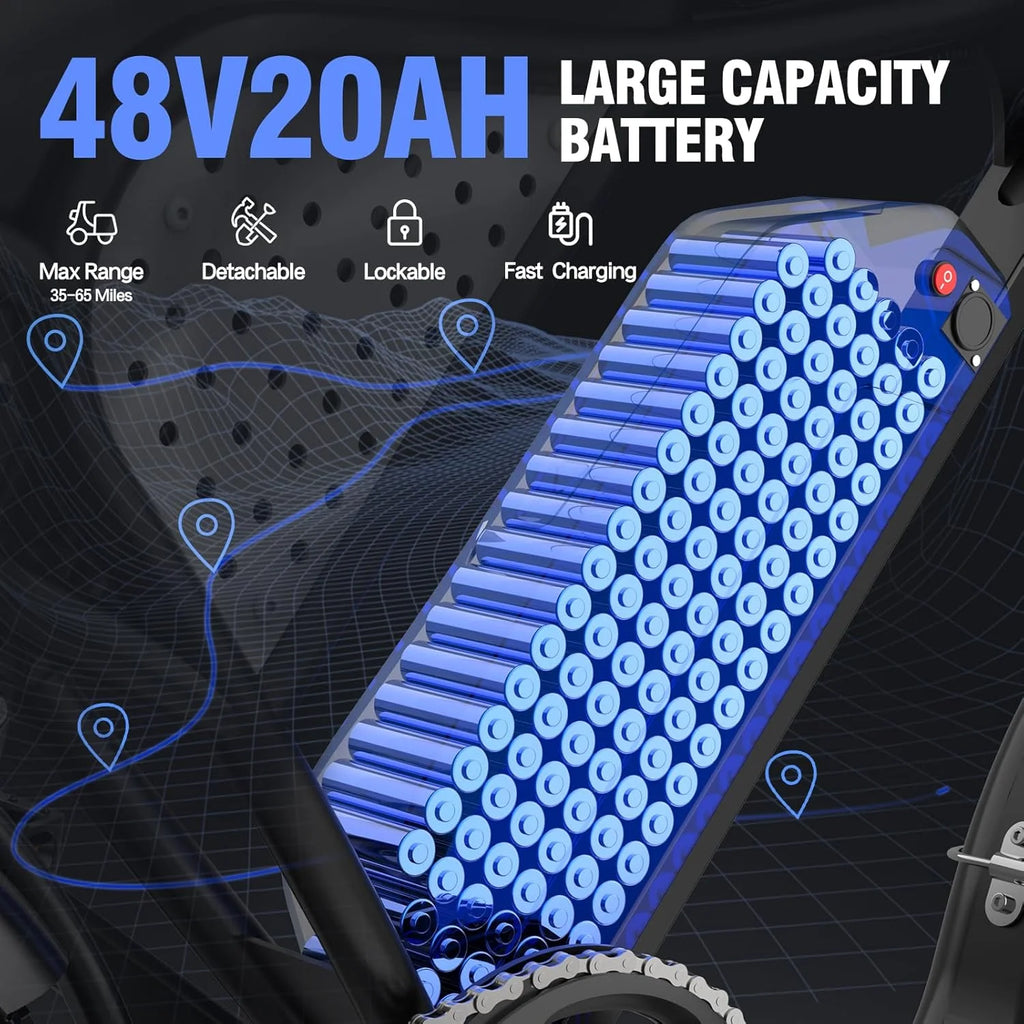 Vélo électrique Ridstar pour adultes, 1200 W, 32 mi/h, moto tout-terrain électrique 48 V 20 Ah, vélo de montagne à pneus larges de 20 pouces et 7 vitesses, UL2849