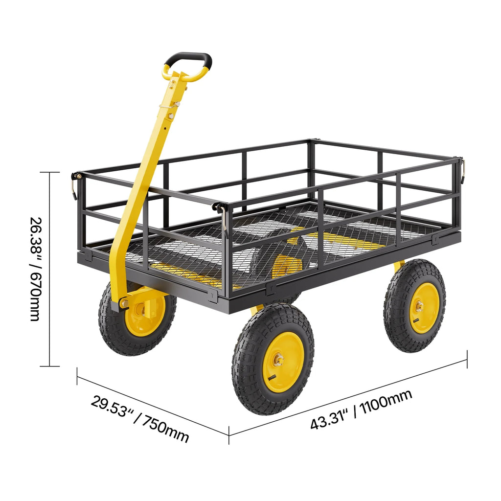 KFFKFF Chariot de jardin en acier grillagé 1200 Lbs, 43,3 x 29,5  Chariot utilitaire robuste, Chariot de jardin en métal à tirer avec pneus tout-terrain de 13', Côtés grillagés amovibles, Poignée pivotante 180° (Vert)