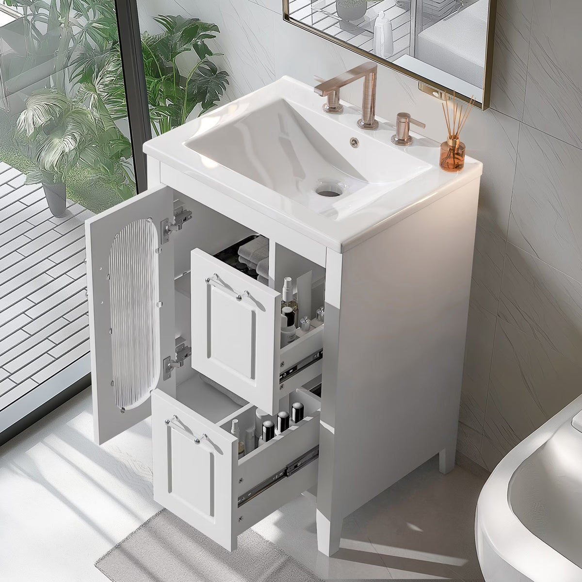 Meuble-lavabo Soges 24 avec vasque en céramique, meuble de toilette en bois massif avec porte, étagère réglable et 2 tiroirs, ensemble lavabo simple autoportant pour petite salle de bains, blanc