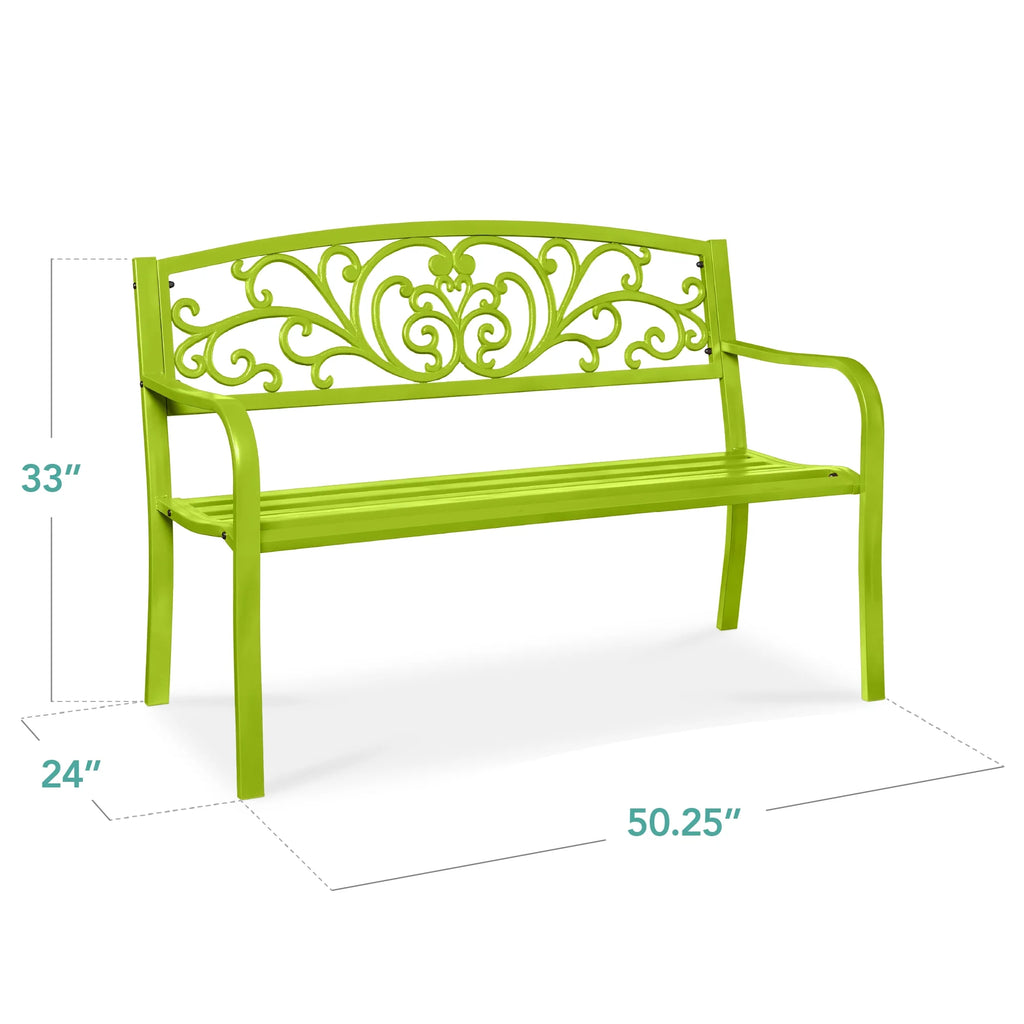Best Choice Products Banc en Acier d'Extérieur Jardin Patio Porche Meuble avec Dossier à Motif Floral - Noir