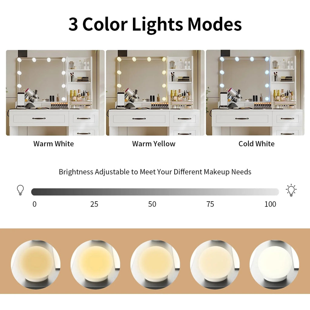 Coiffeuse RichYa avec miroir lumineux, prise électrique, tiroirs et armoire pour chambre à coucher, blanc