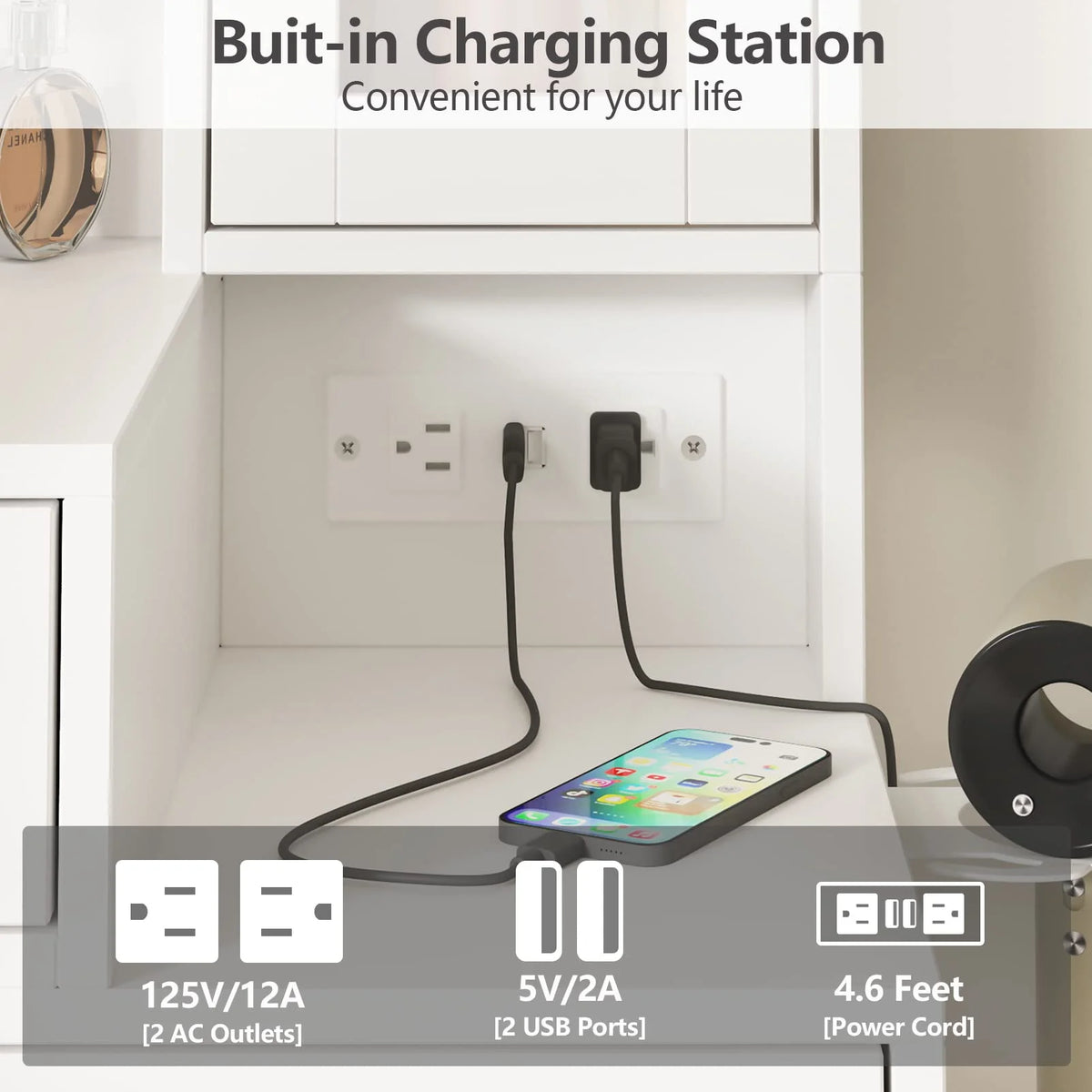 Coiffeuse VEANERWOOD avec miroir éclairé et bloc multiprise, table de maquillage moderne avec 5 tiroirs, blanc