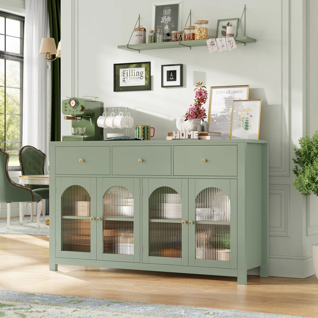 Homfa Grand buffet de 55'', meuble de rangement de cuisine avec 3 tiroirs et 4 portes vitrées, meuble bar en bois pour salon, blanc