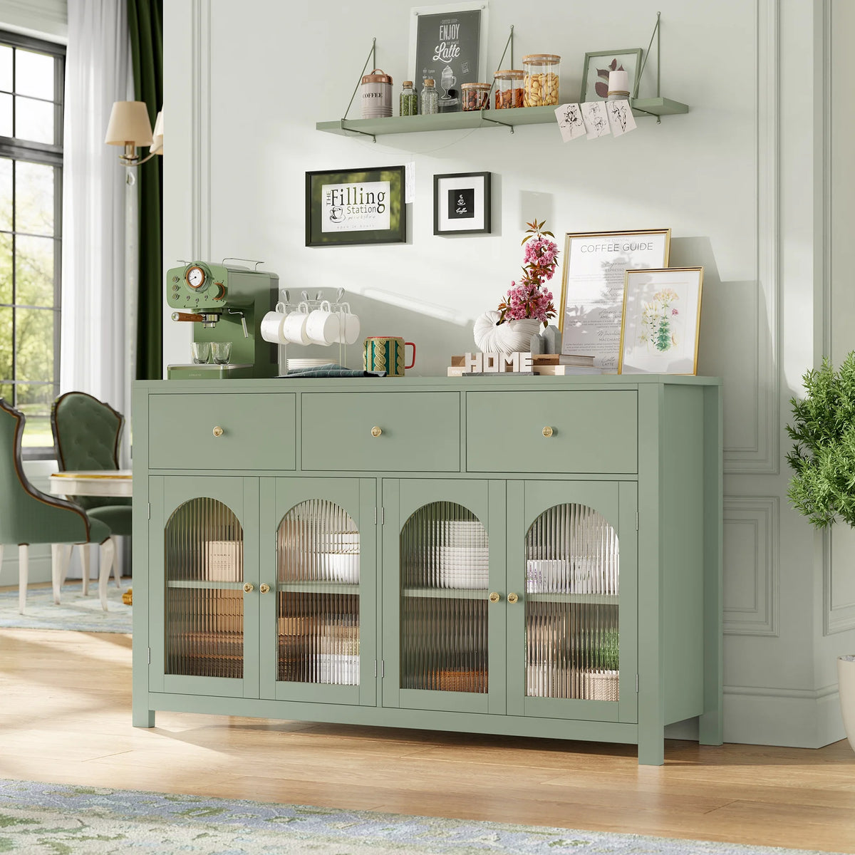 Homfa Grand buffet de 55'', meuble de rangement de cuisine avec 3 tiroirs et 4 portes vitrées, meuble bar en bois pour salon, blanc