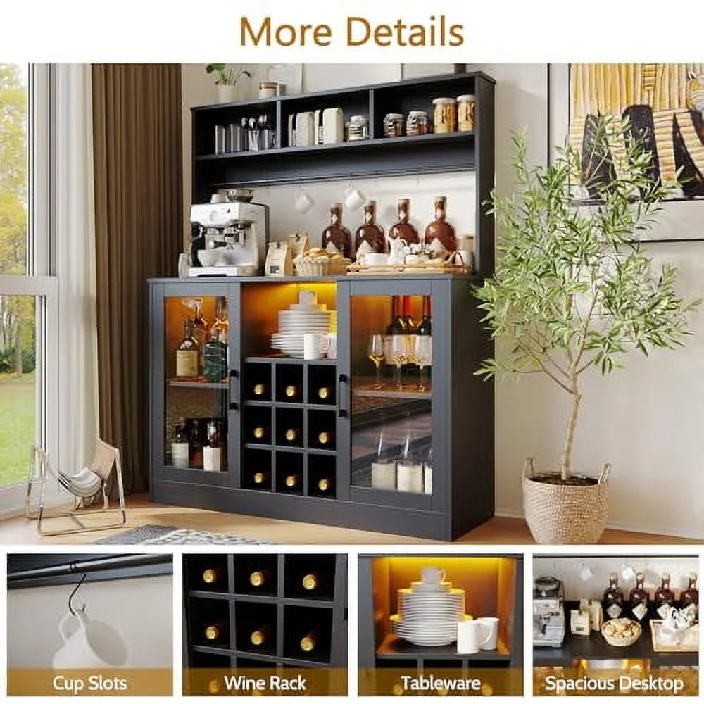 Meuble bar à café et à vin Juiluna avec prise électrique, 6 crochets, 9 porte-verres et étagère réglable, meuble à boissons avec éclairage LED, buffet avec étagère de rangement pour cuisine, noir