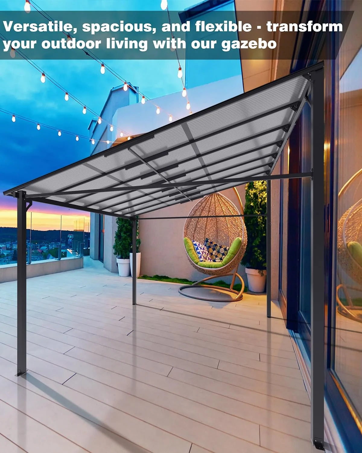 Pinypikaka Gazebo d'extérieur à toit rigide 12'x20', Pergola adossée avec toit pour pelouse, terrasse, deck, jardin, fête