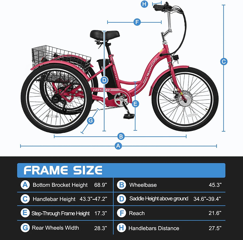 Tricycles électriques ABORON 24 26, batterie au lithium 36 V 10 Ah 350 W, triporteur électrique 7 vitesses pour adultes avec grand panier arrière et siège réglable