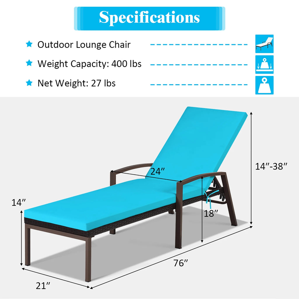 Costway Lot de 2 chaises longues de jardin en rotin, inclinables avec dossier réglable et coussinés, rouges