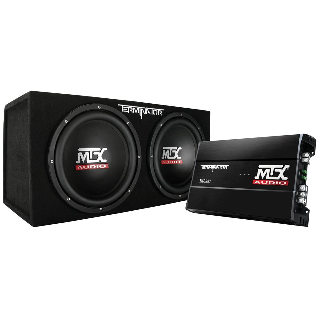 Pack audio MTX comprenant deux caissons de basses pour voiture de 12 pouces, caisson actif et amplificateur avec kit de câblage