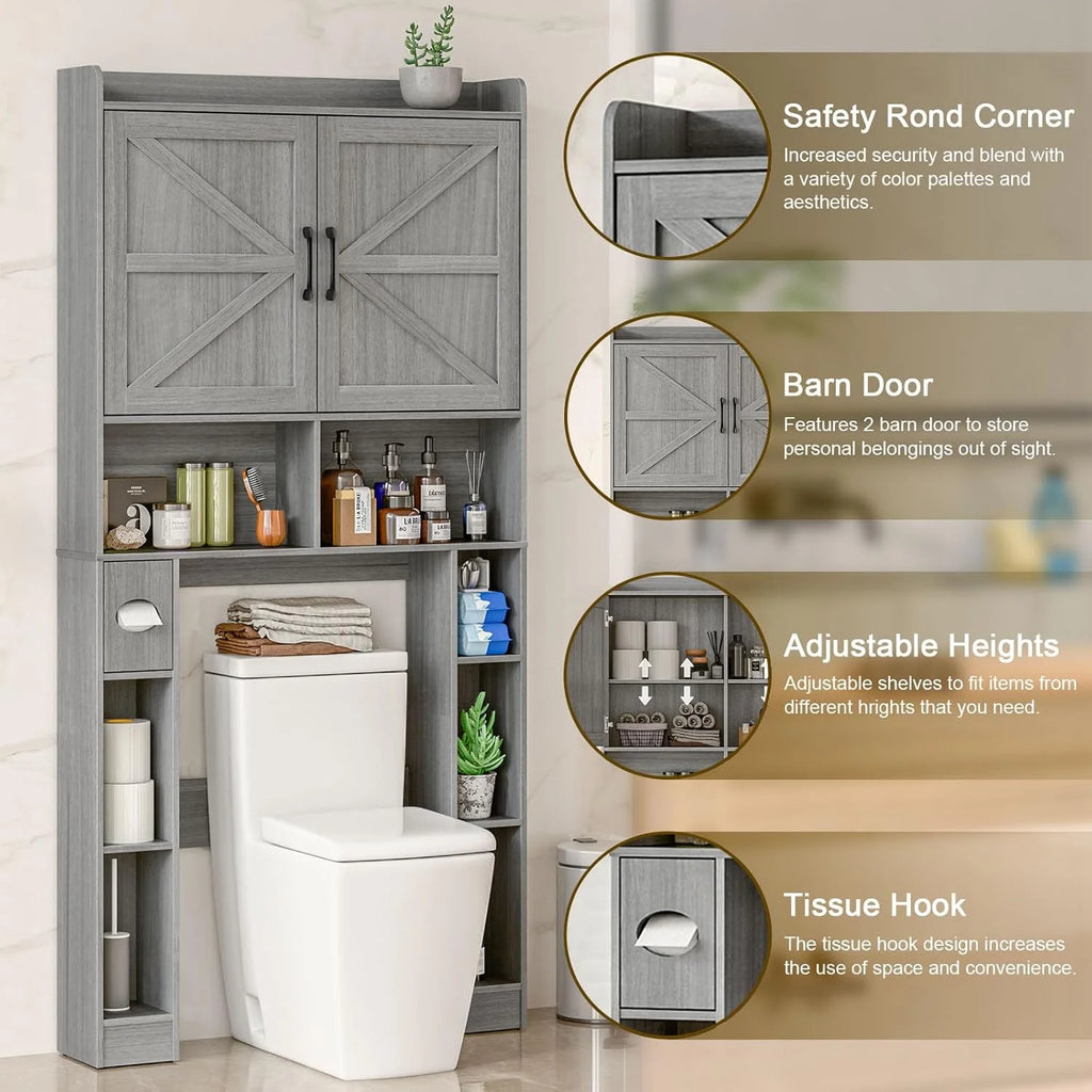 Meuble de rangement Vabches au-dessus des toilettes avec porte-papier toilette, avec étagère réglable et 2 portes