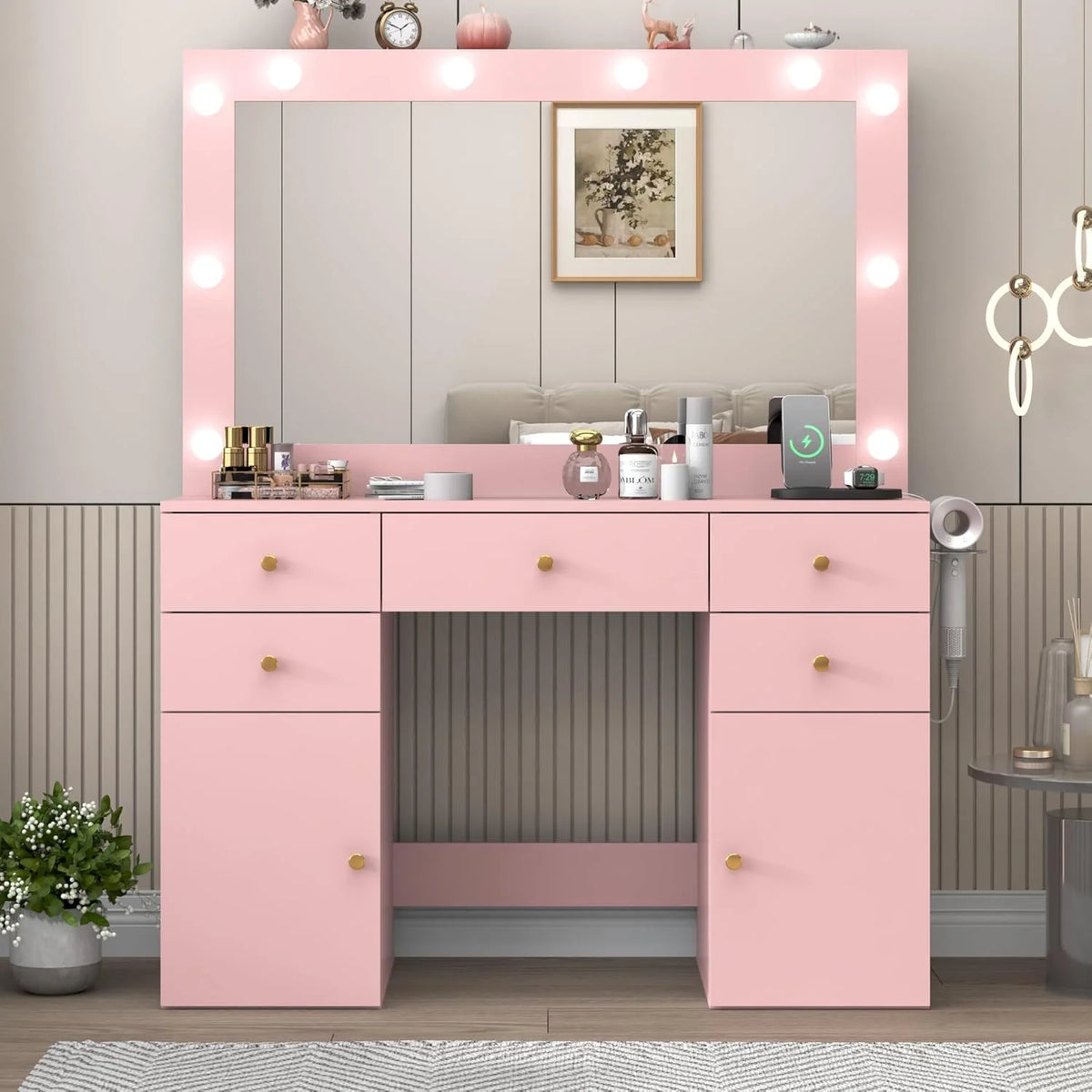 Coiffeuse blanche avec grand miroir lumineux et prise électrique, table de maquillage avec plateau en verre et tiroirs, rangement coulissant, grande coiffeuse de maquillage de 44,1 pour femmes et filles, blanche
