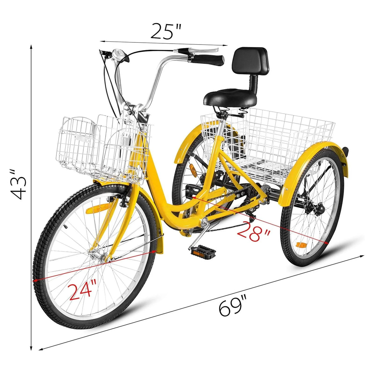 VEVOR Tricycle pour adulte 24 pouces Vélo à trois roues Vélo de balade 7 vitesses ,Tricycle avec siège réglable avec sonnette, système de freinage et panier Vélo de balade taille pour les courses