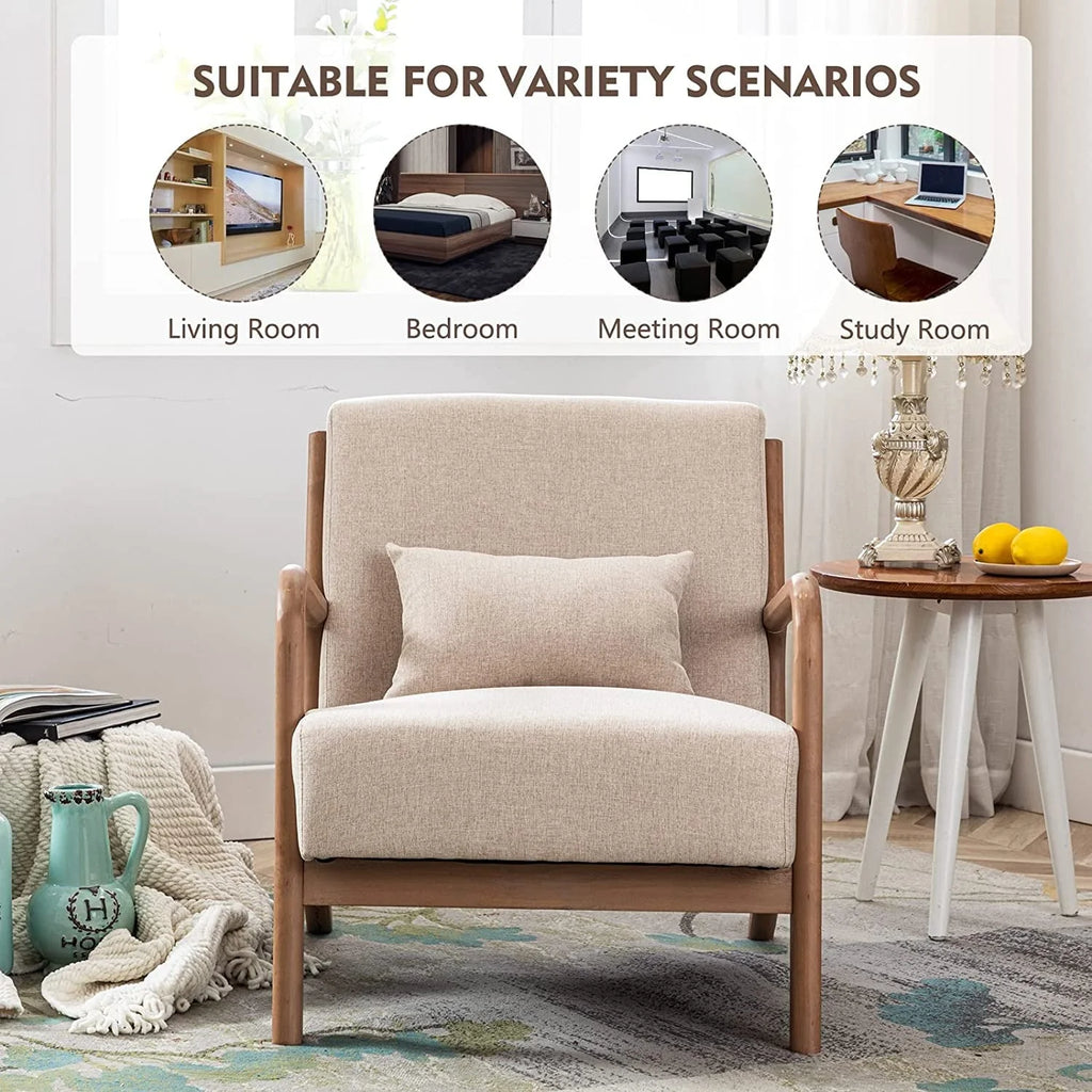 Fauteuil d'appoint Bonzy Home de style moderne du milieu du siècle, fauteuil de lecture individuel en tissu avec structure en bois massif, fauteuils à montage facile pour salon, beige