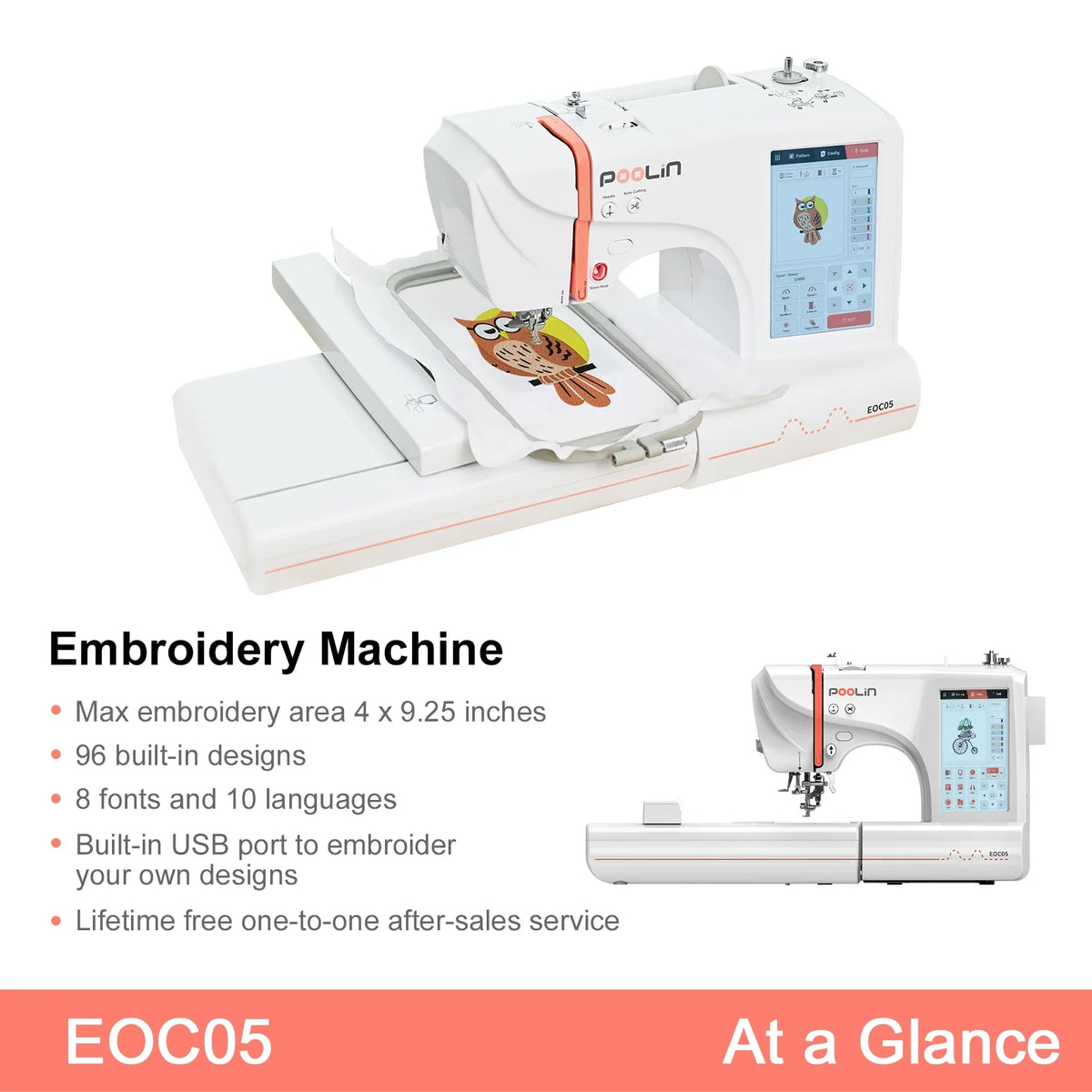 Machine à broder Poolin EOC05, zone de broderie 4 x 9,25 po, écran tactile 7 po, avec kit