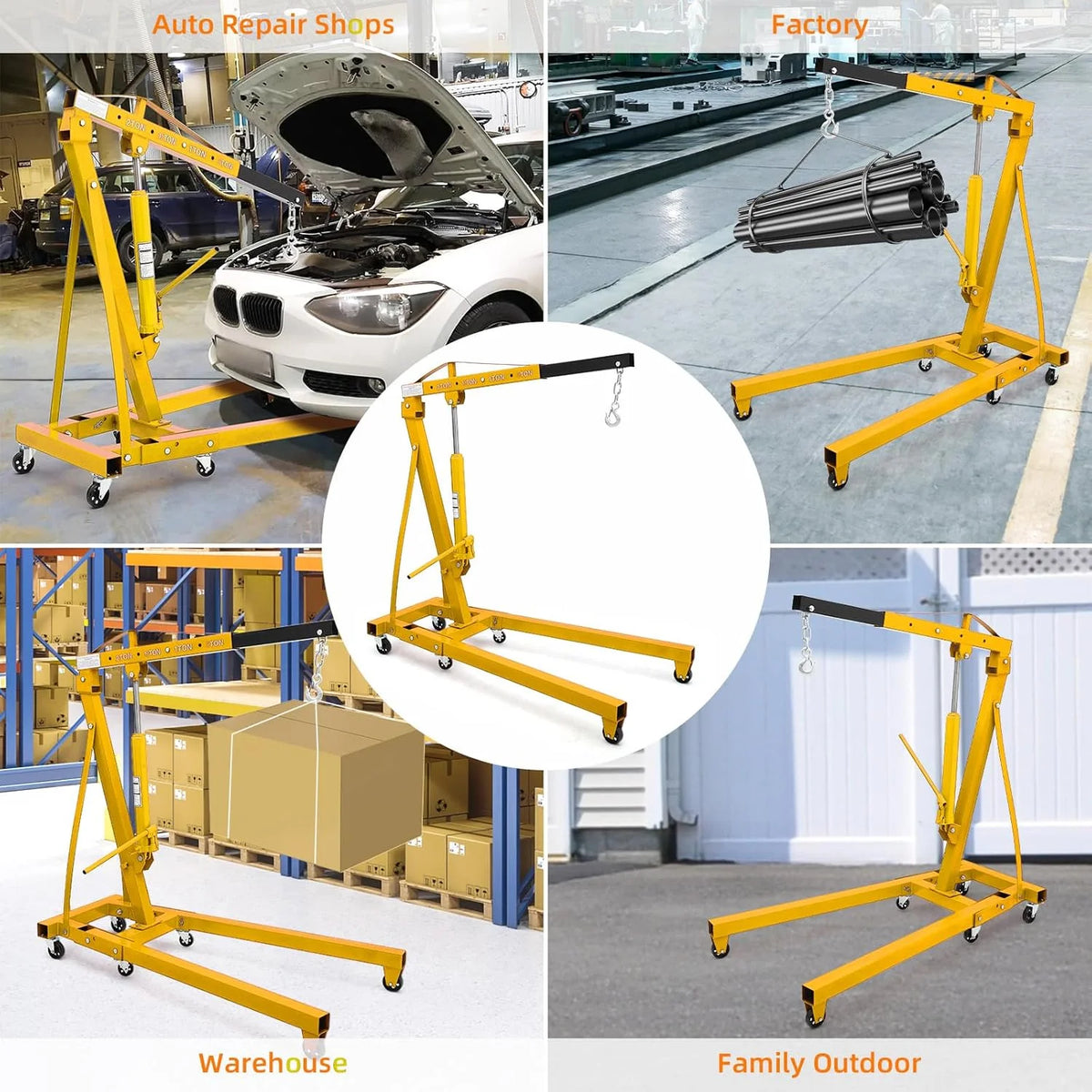 Chèvre d'atelier hydraulique pliant JoanKaren 2 tonnes, palan de levage pour moteur robuste, nacelle de levage lourde à 6 roues, jaune