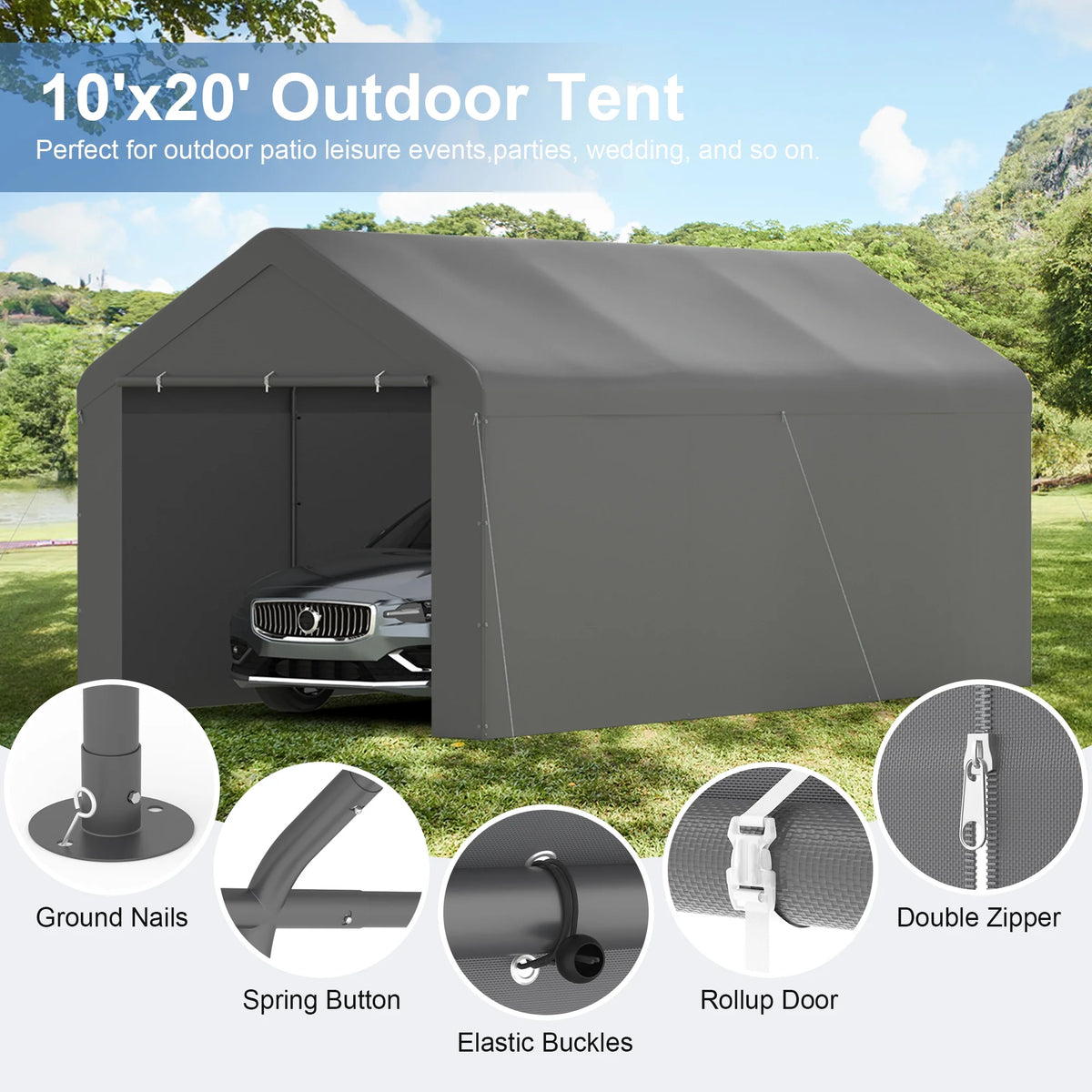 GOJOOASIS Carport, 10 x 20 Abri de voiture robuste avec paroi amovible, Garage portable en PE résistant à l'eau avec bâche toutes saisons Beige
