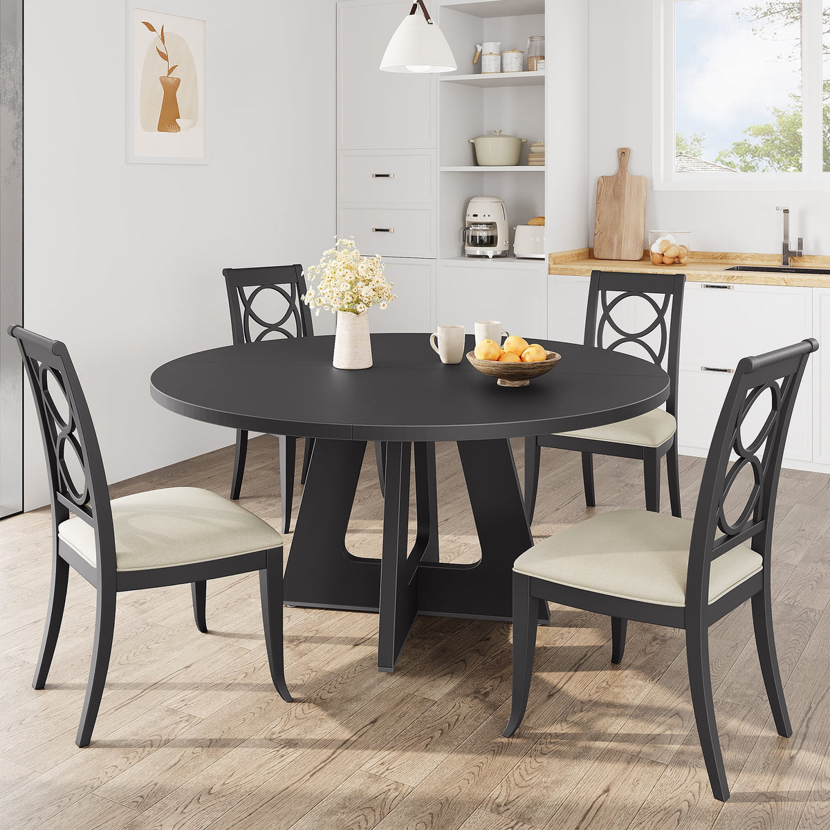 Ensemble de grande table à manger ronde de 47 po pour 4 à 6 personnes, table à manger en bois de style milieu du siècle avec plateau large et piètement en X, table de salle à manger pour la maison, la salle à manger ou le salon (chaises non incluses)