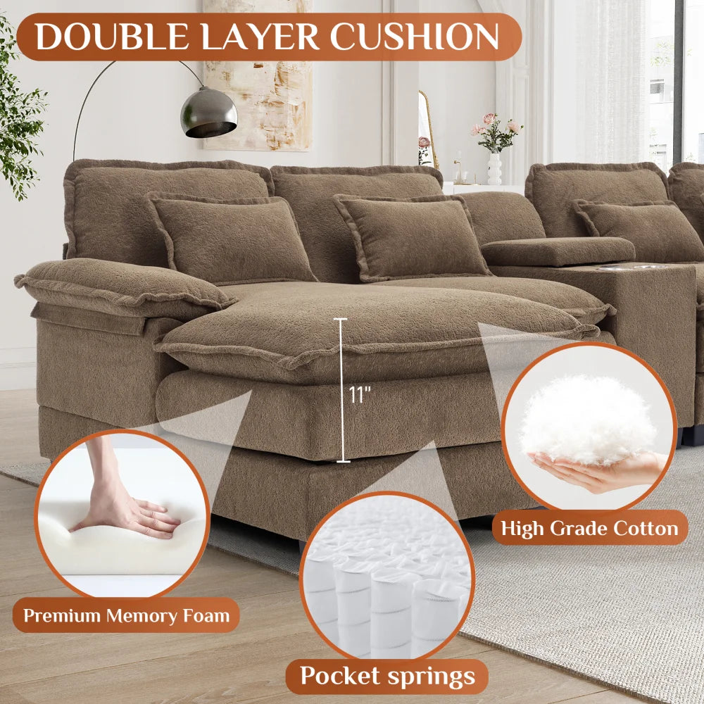 Canapé modulable en U Wiilayok Cloud Couch, méridienne double extra profonde de 124 cm en chenille duveteuse, console centrale avec ports USB-C et A doubles, gris tempête