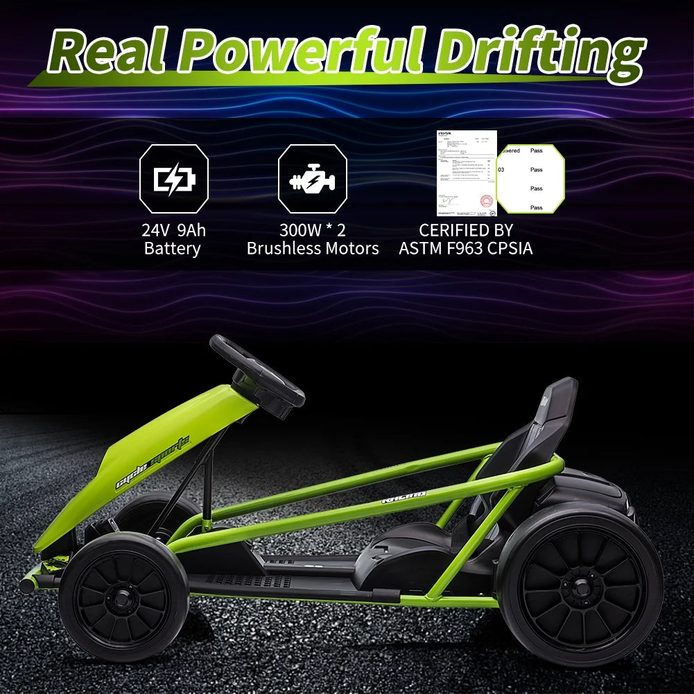 Kojooin Karting pour enfants, Batterie 24V Moteurs 300WX2 Karting à pédales à pied, Voiture de dérapage haute vitesse 8MPH avec fonction de démarrage progressif, Rouge rose