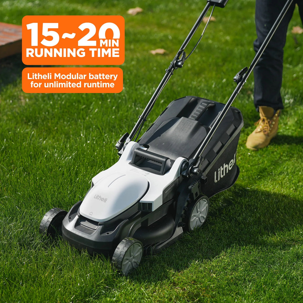 Tondeuse à gazon sans fil Litheli 13 pouces, 5 hauteurs de coupe réglables, tondeuse électrique 20 V série U20 pour jardin avec moteur sans balais, batterie portable 4,0 Ah incluse