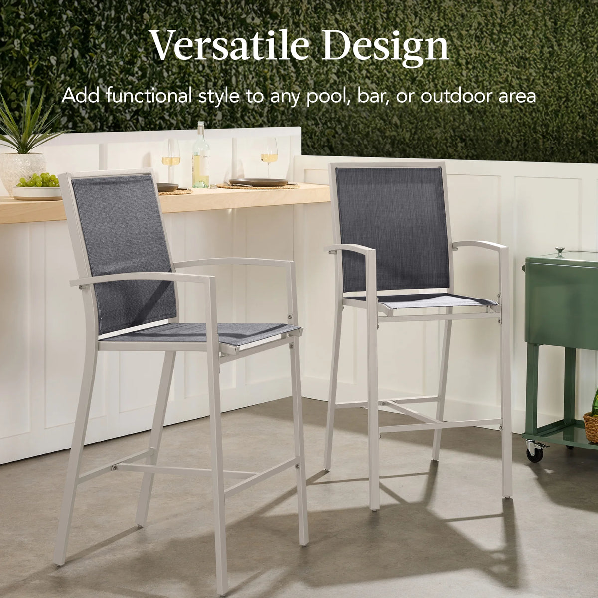 Best Choice Products Lot de 2 tabourets de bar d'extérieur, Chaises de patio hauteur bar avec maille toutes saisons - Noir/Noir