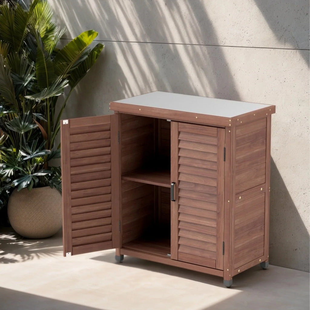 Armoire de rangement en bois d’extérieur et table de rempotage Funnil, mobilier de patio en bois résistant aux intempéries, poste de travail de jardin